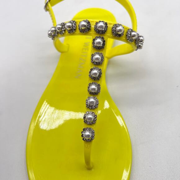 STUART WEITZMAN Goldie Pearl Crystal Jelly Sandals Womens 8 Neon Yellow T-strap - Picture 12 of 12